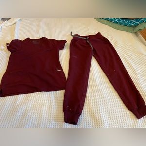 Gently used Figs scrubs, burgundy. Size XXS, pants are petite joggers.